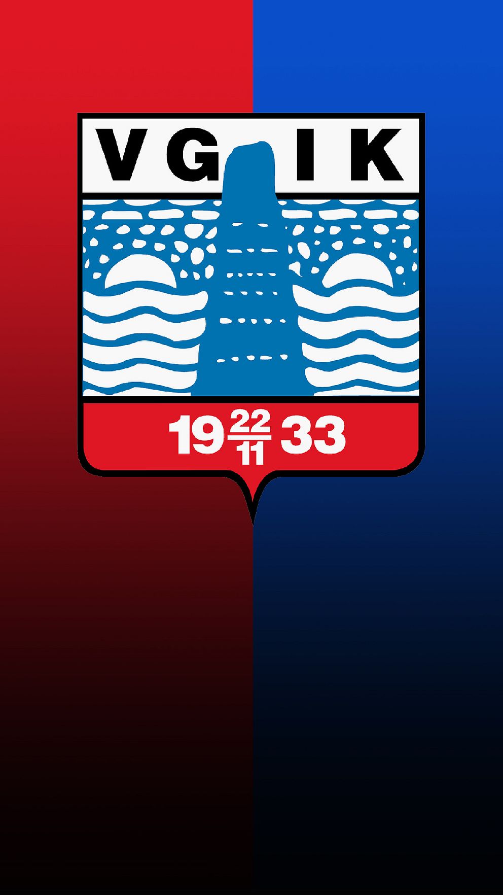 VGIK:s emblem med blå berg och vatten, årtalen 1922 och 1933. Bakgrund i rött och blått.
