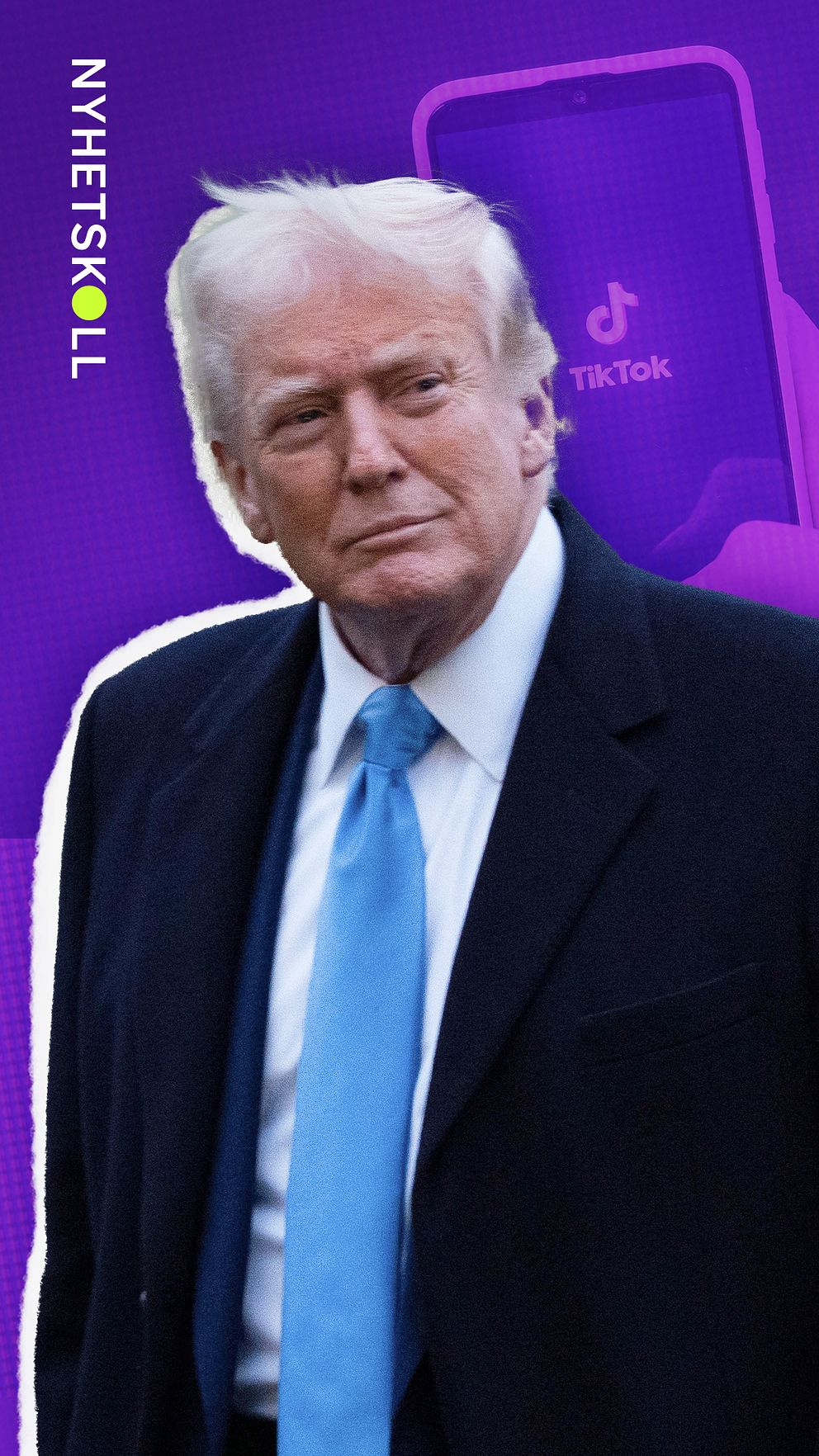 Donald Trump, USA:s president, i förgrunden. Han har förlängt Tiktok i USA ännu en gång. Nu har Tiktok 75 dagar på sig att nå en ny överenskommelse. I bakgrunden en telefon har appen Tiktok uppe.