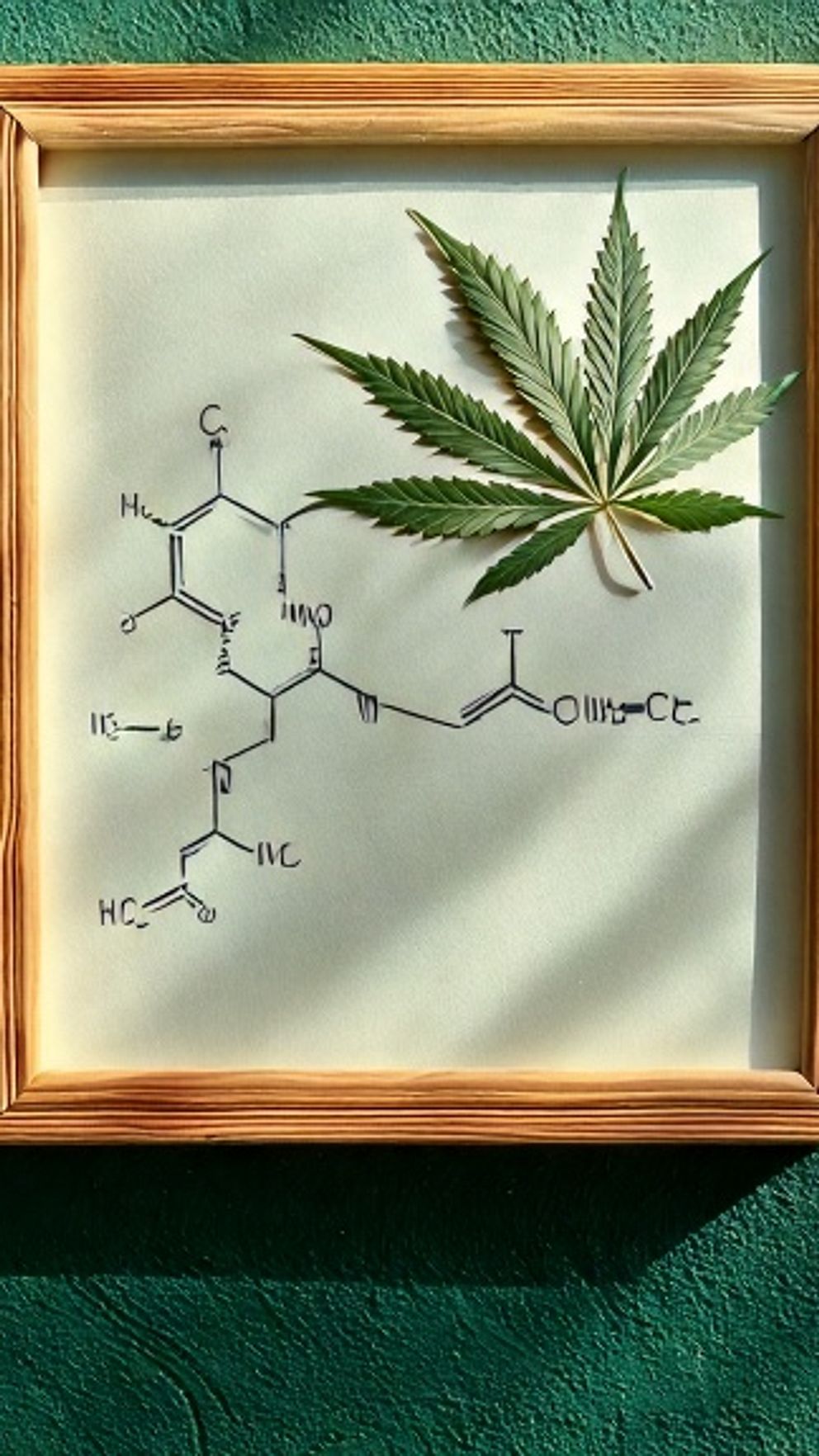 AI-genererad bild på inramad teckning av THC-molekyl med cannabisblad ovanpå.