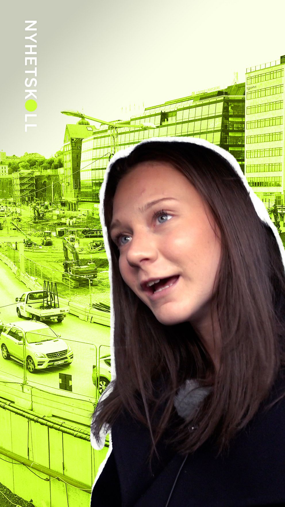 En ung tjej med brunt hår och svart jacka i förgrunden, en bilväg i bakgrunden.