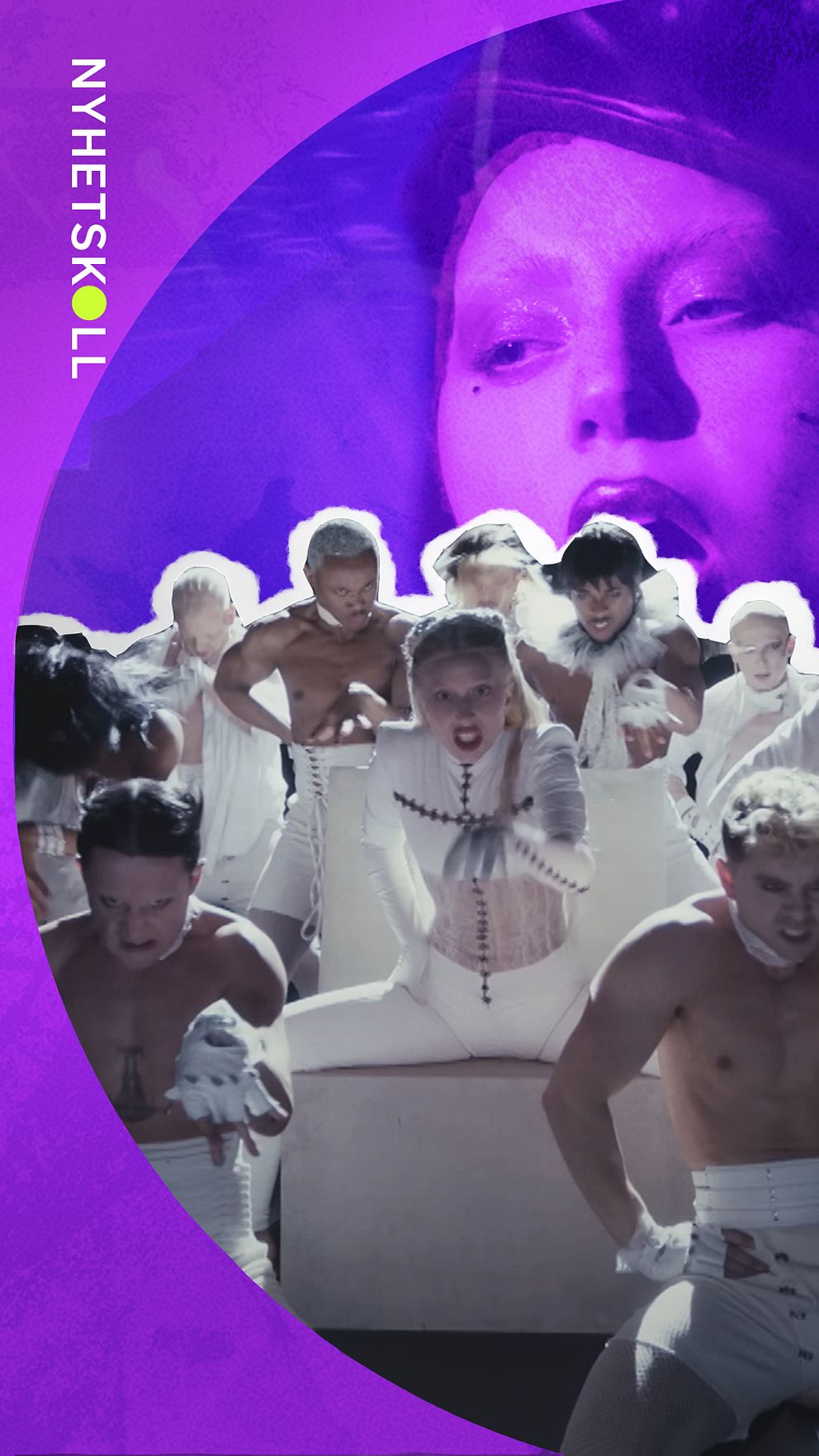 Lady Gaga, popartist och konstnär, som håller på med så kallad ”Art pop” är aktuell med nytt album och ny turné. Lady Gaga kommer spela i Sverige, i förgrunden syns hon i stillbild från musikvideon ”Abracadabra”, tillsammans med flera dansare, och i bakgrunden är Lady Gaga i närbild, också stillbild från musikvideon.