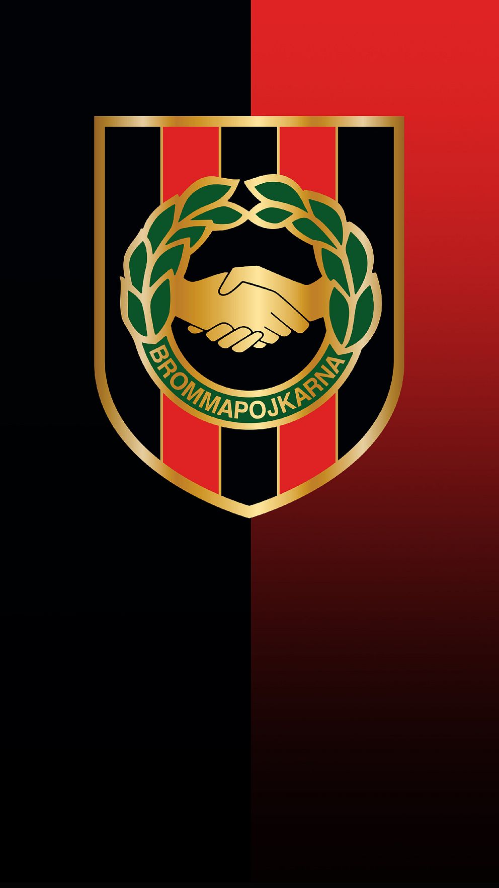 Brommapojkarnas klubbemblem mot röd och svart bakgrund.
