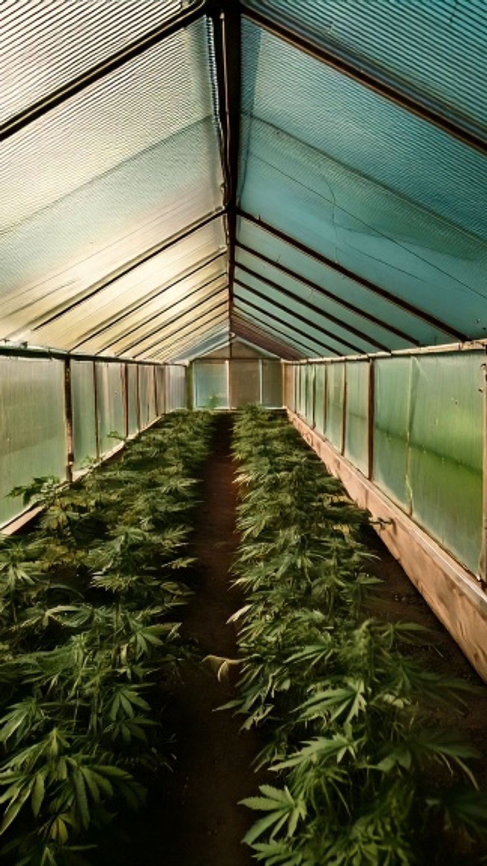 AI-genererad bild på ett växthus med frodig cannabisodling i prydliga rader.