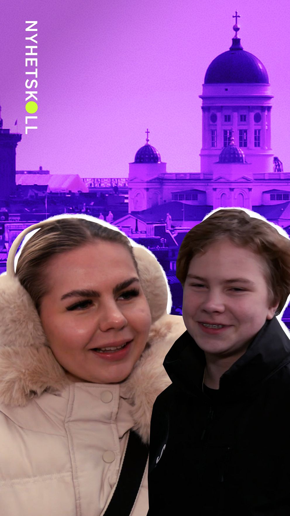 Två finländare framför Helsinki-katedralen. De intervjuas om hur svenskar kan bli lyckligare mot bakgrund av World Happiness Report där Finland hamnade på första plats för åttonde året i rad.
