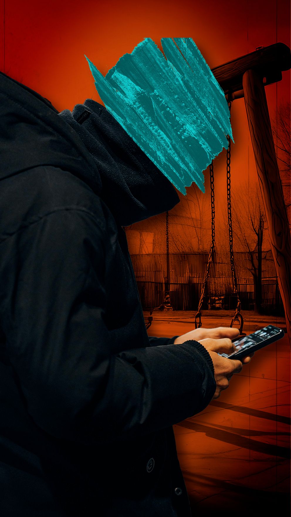 En person med en svart jacka står med en mobiltelefon i handen, medan huvudet är dolt bakom en abstrakt blå struktur. Bakgrunden är en orange ton med en lekplats som innehåller två gungor i silhuett.