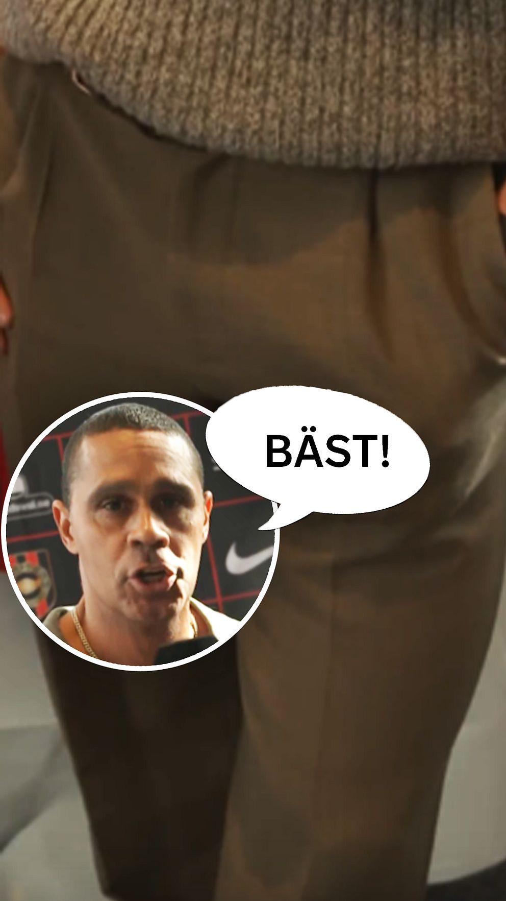 Person i grå tröja och bruna byxor med pratbubbla som säger ”BÄST!”.