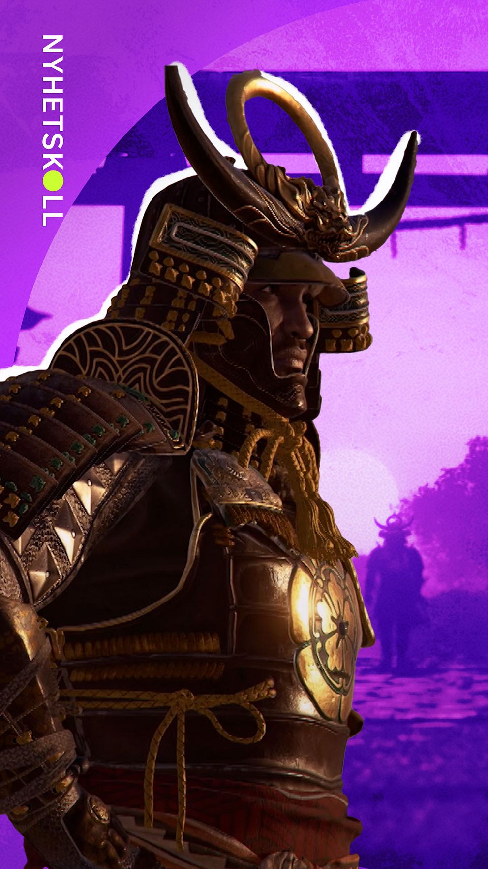 Samurai ur spelet ”Assassin's Creed Shadows” i full rustning mot lila bakgrund med texten ”Nyhetskoll”.