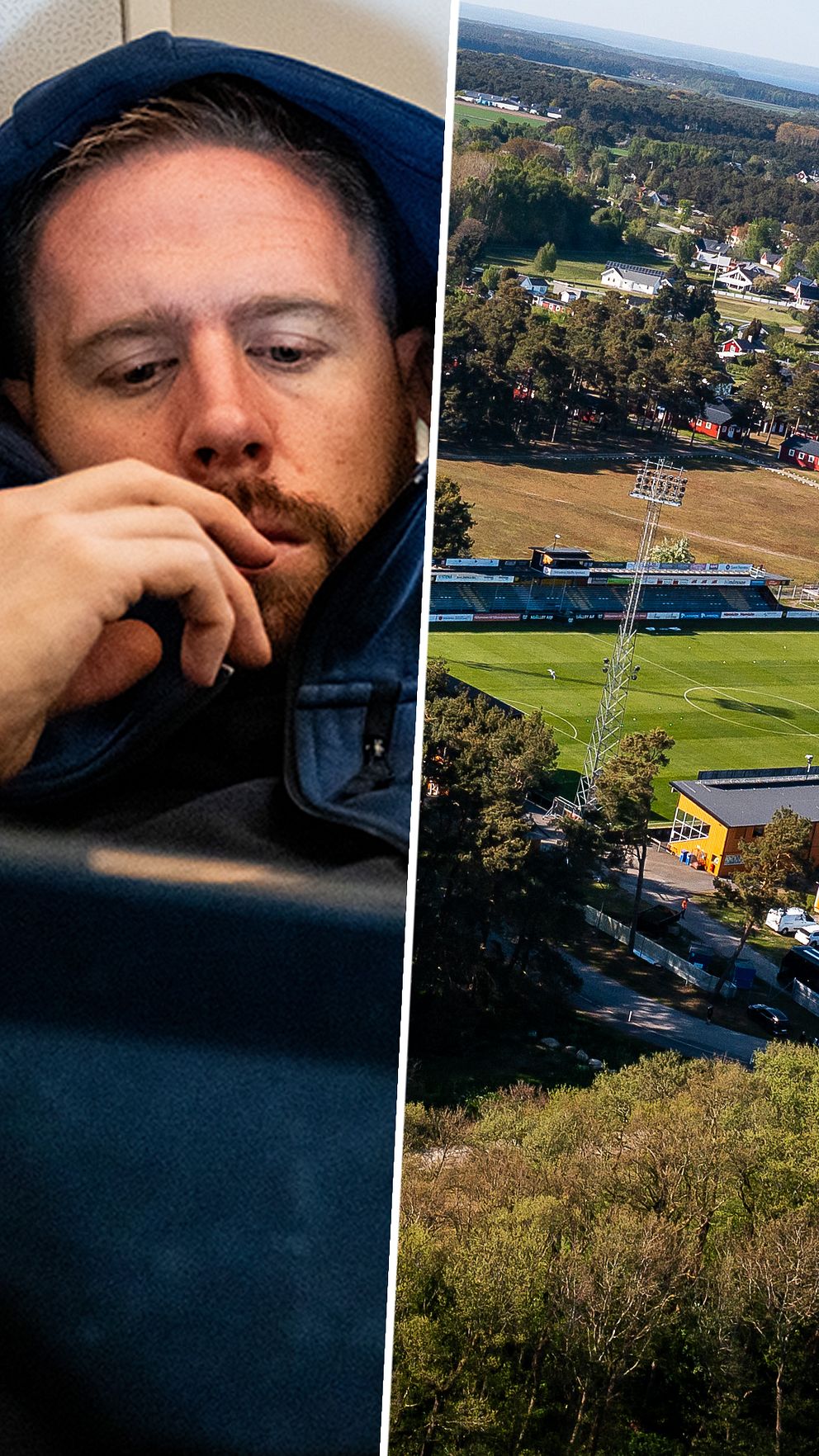 Tvådelad bild. Till höger: flygvy över en fotbollsstadion och omgivande områden.