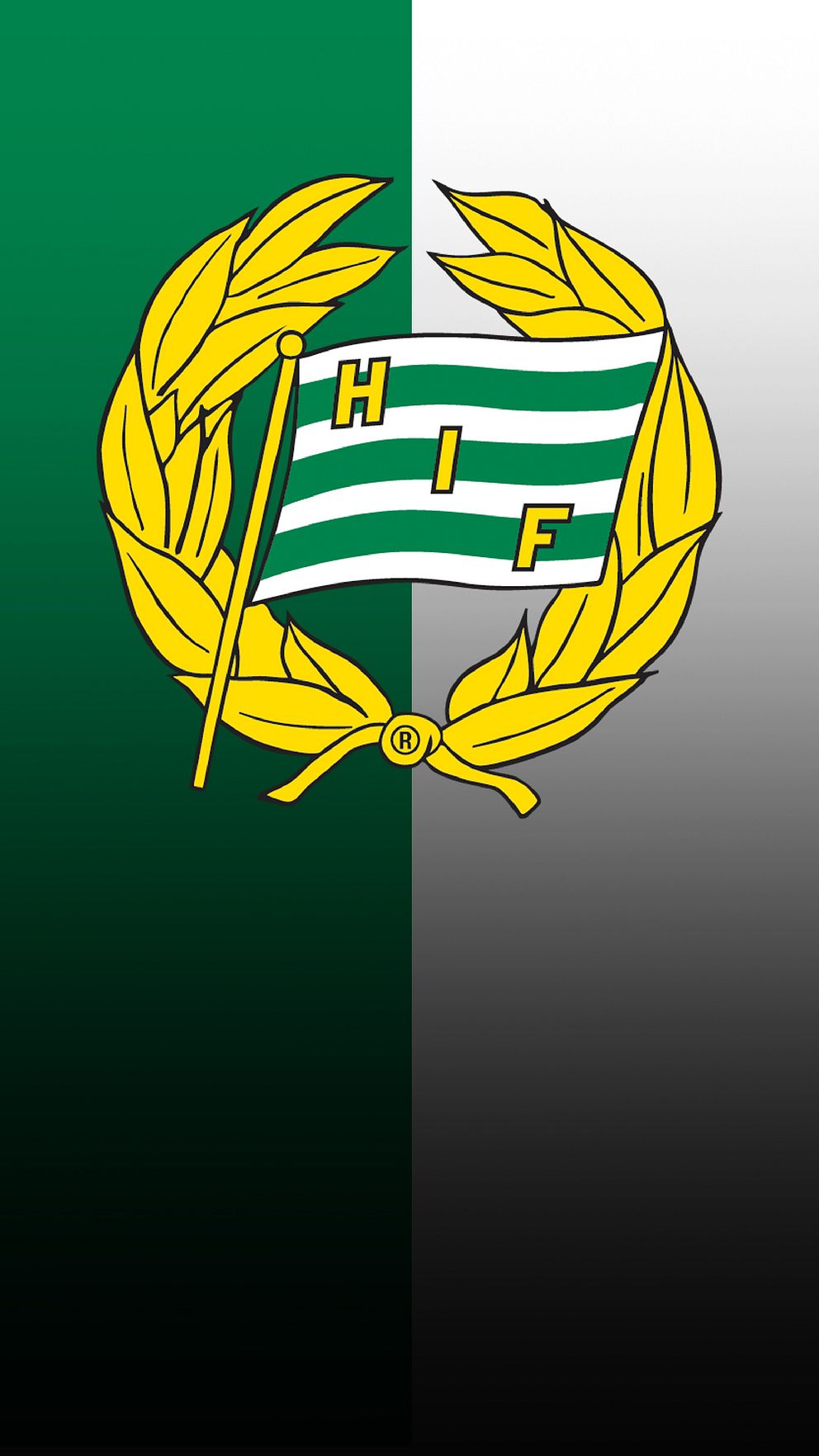HIF emblem på grön och vit bakgrund. Emblemet har en guldfärgad krans.