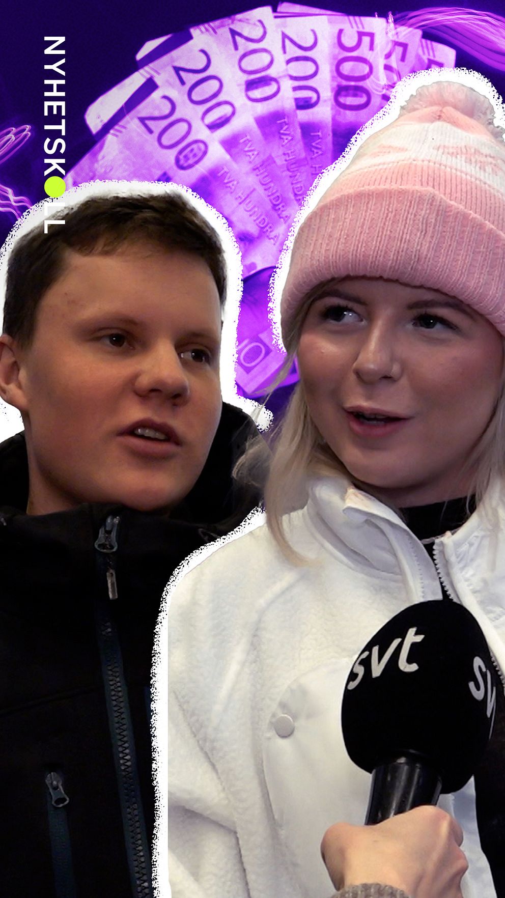 Personer intervjuas av SVT framför illustration av svenska sedlar.