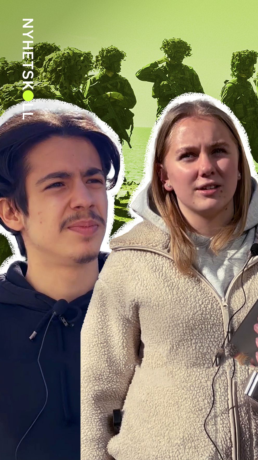 Två personer med suddiga ansikten framför gröna träd och texten ”NYHETSSKOLL”.