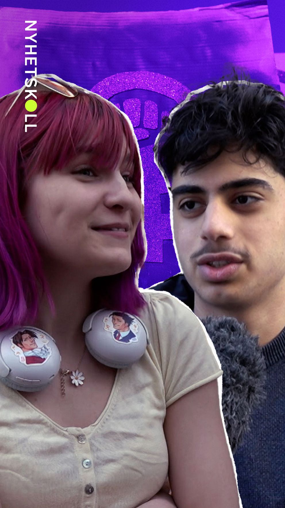 En ung tjej med rosa hår och hörlurar och en ung kille med mörkt hår i förgrunden av bilden. I bakgrunden bilden på en feministisk symbol. Bilden är ett omslag till en video som handlar om att färre unga är feminister.