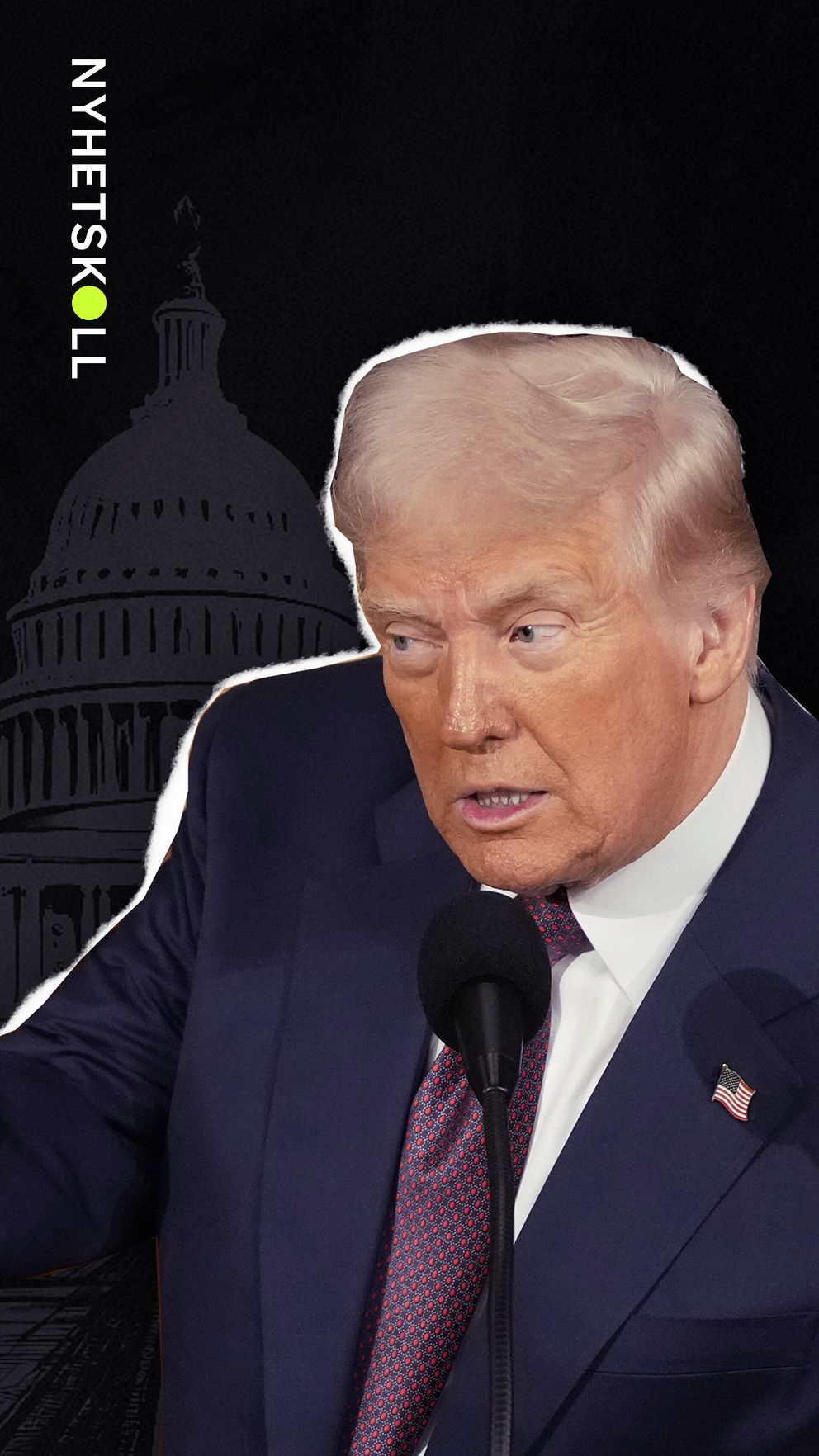 Donald Trump i kostym med USA-nål framför Kapitolium-silhuett.