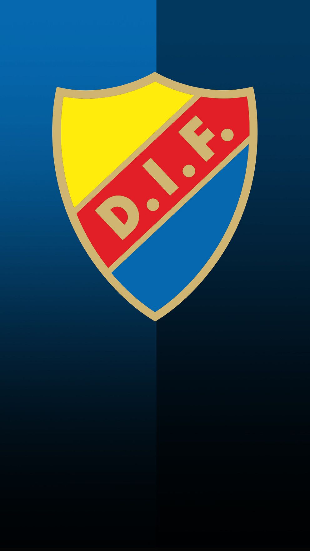 Djurgårdens IF emblem med gul, röd och blå sköld på mörkblå bakgrund.