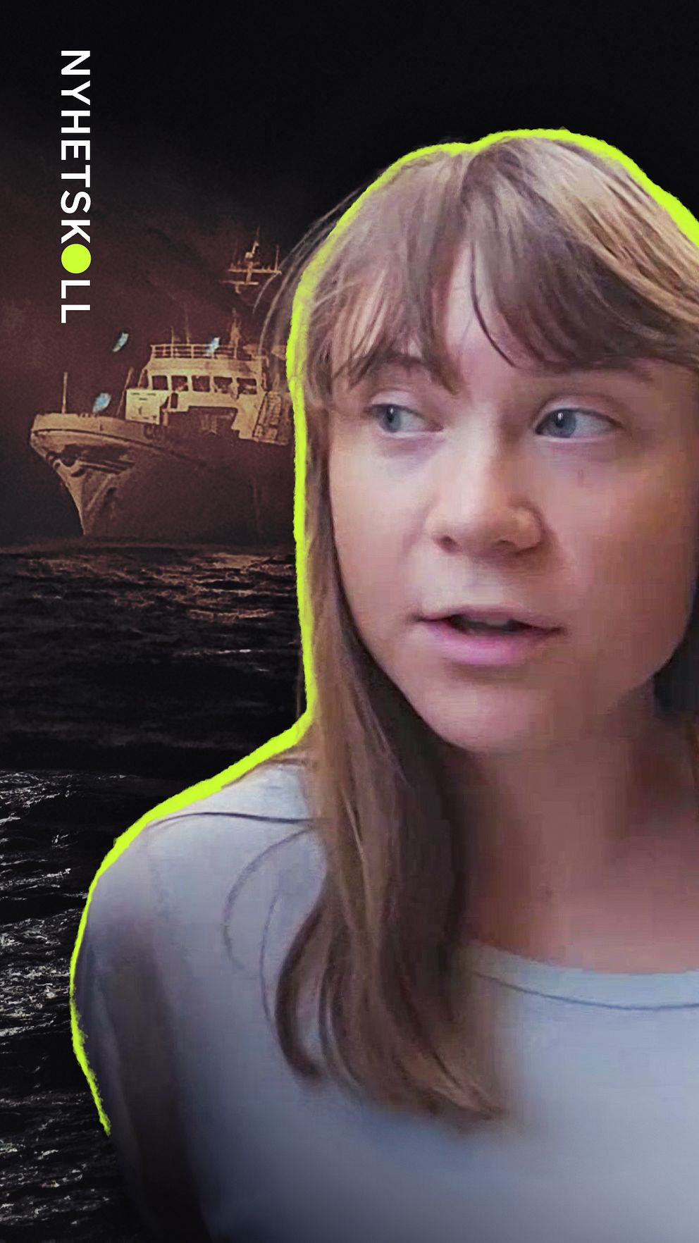 Greta Thunberg med ett fartyg på mörkt hav i bakgrunden. Nyhetskoll-logga till vänster.