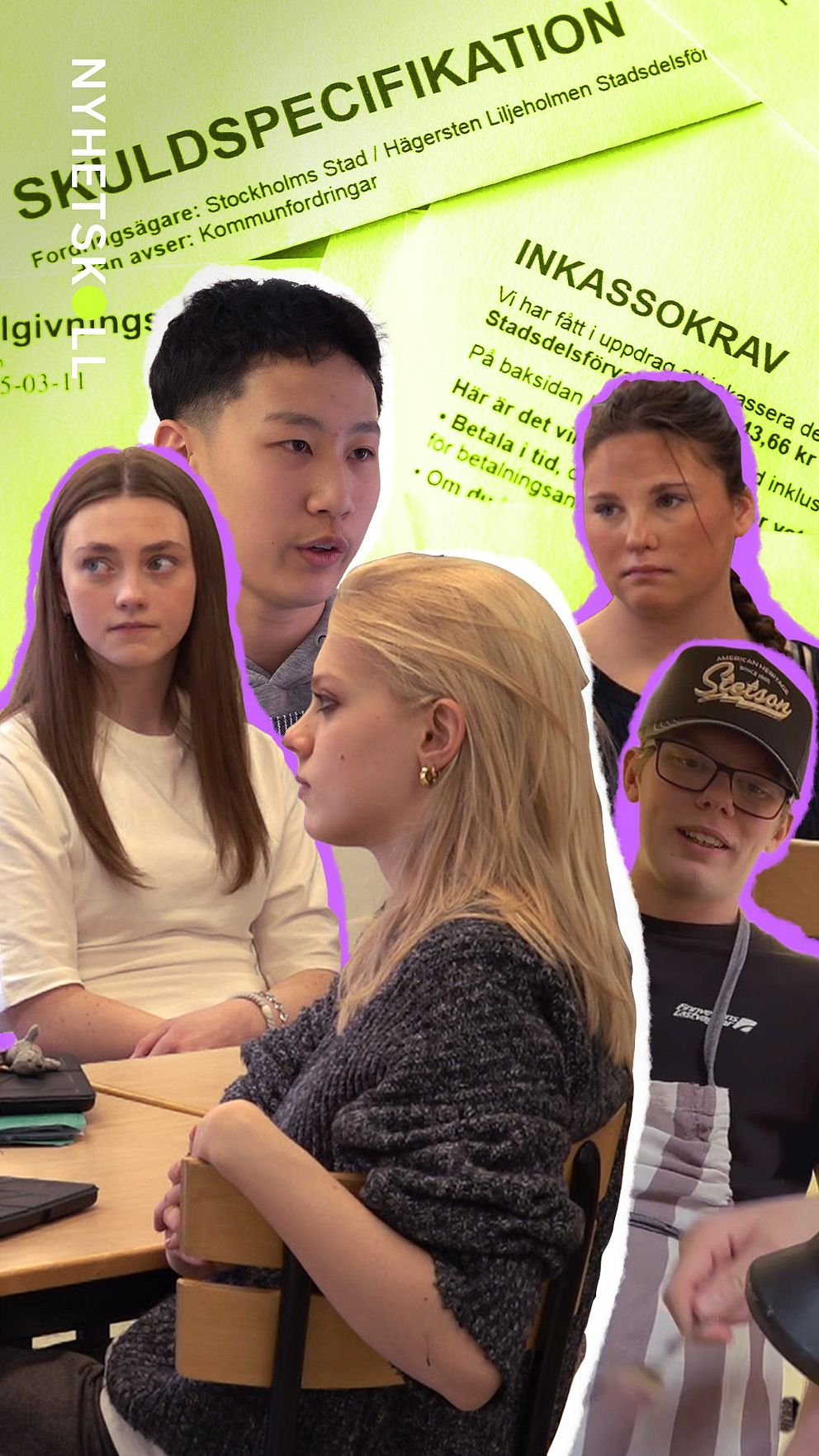 Brev med skuldspecifikation och inkassokrav. Högstadieelever på hem- och konsumentkunskapen i förgrunden.