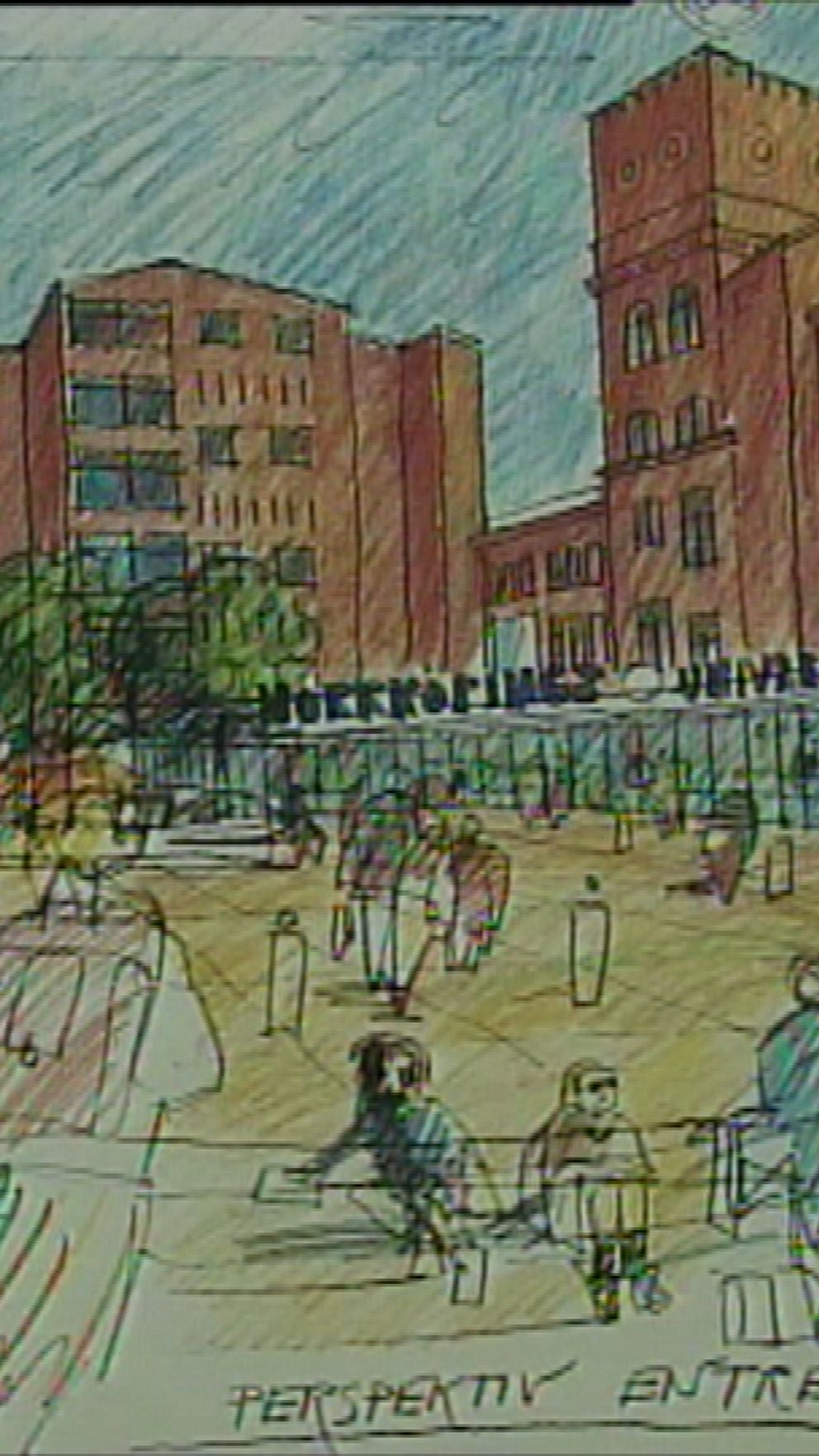 Skiss av en stadsbild med fokus på en plats i stadsrummet som omger en byggnad. Det som ska bli Campus Norrköping. I förgrunden syns människor som promenerar och samlas på en öppen yta med träd och bänkar. I bakgrunden finns en hög byggnad med torn som står i kontrast till de lägre strukturerna runt omkring, under en blå himmel med lätta moln. Texten ”PERSPEKTIV – ENTRÉ” är synlig i nedre hörnet.