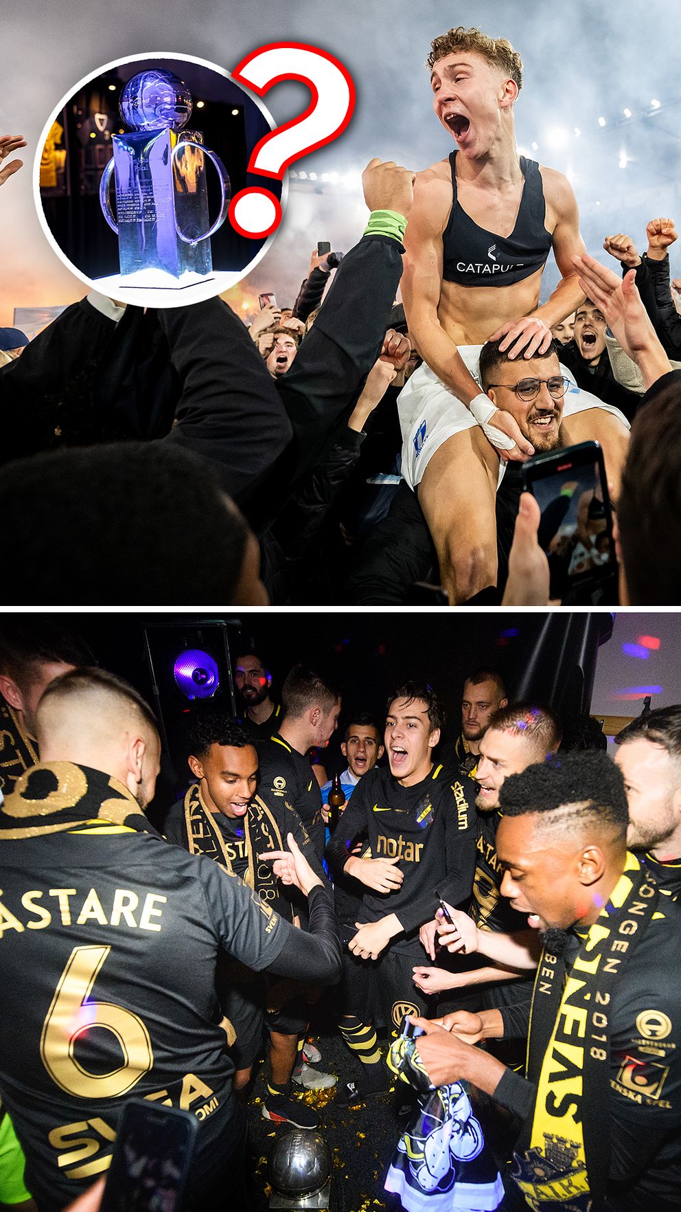Delad bild. Överst: firande med idrottare på en folkmassa. Nederst: fotbollsspelare i omklädningsrum.