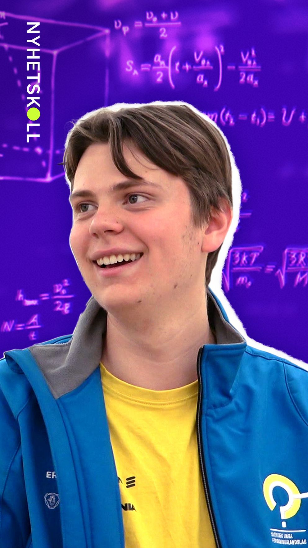 Matematiska formler i bakgrunden. Kasper Johansson som vunnit forsknings-SM och matematik-SM i förgrunden.