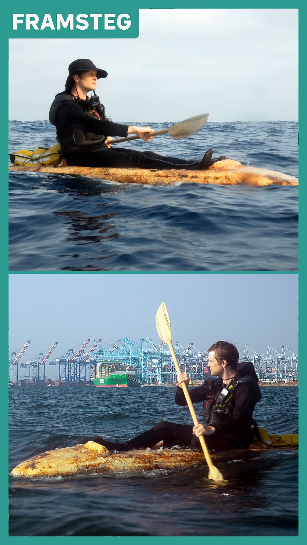 Sam Shoemaker paddlar på öppet hav i en kajak byggd av svamp.