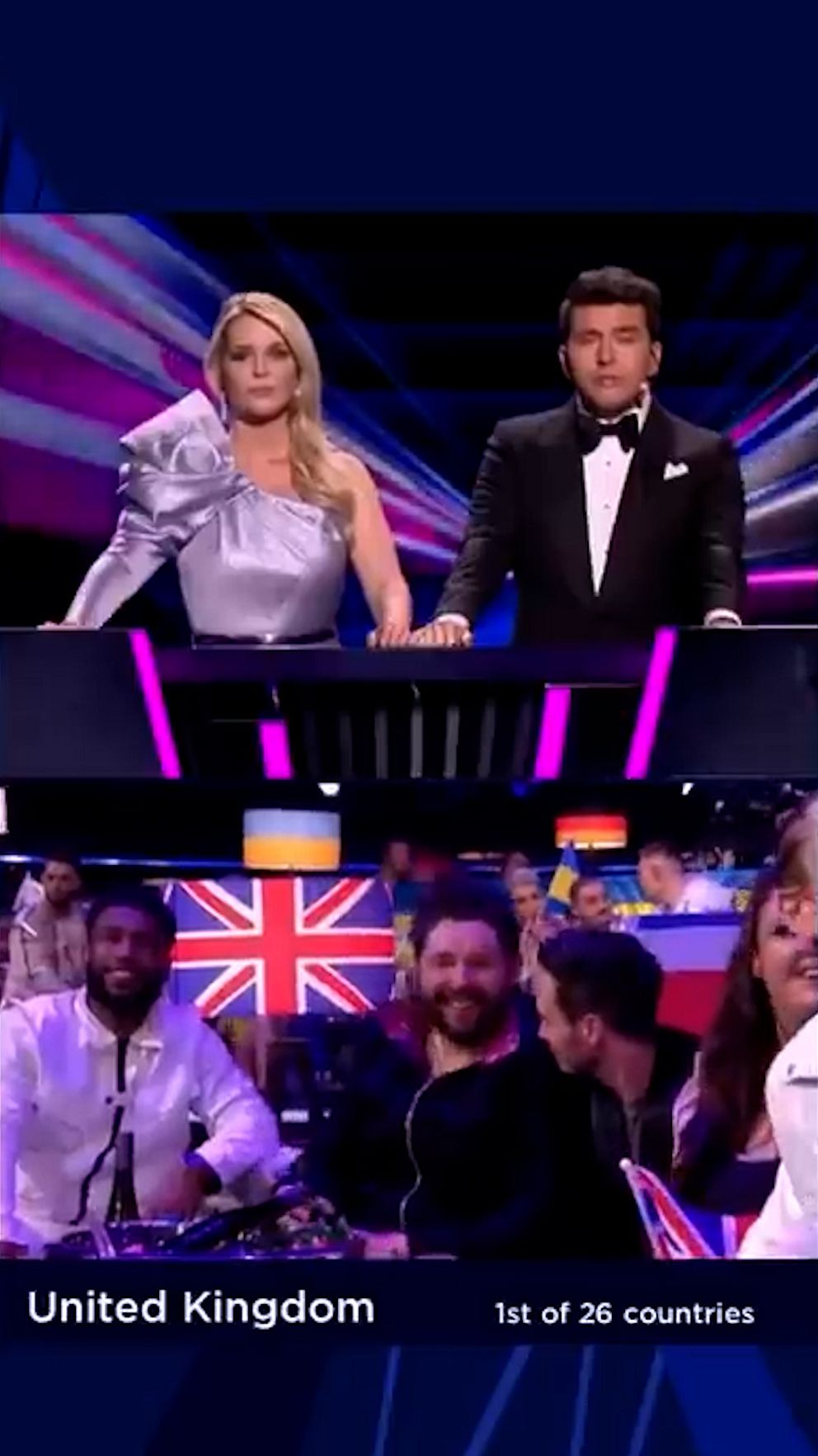 Delad bild. Överst två personer vid en scenpult. Nederst publik med Storbritanniens flagga.