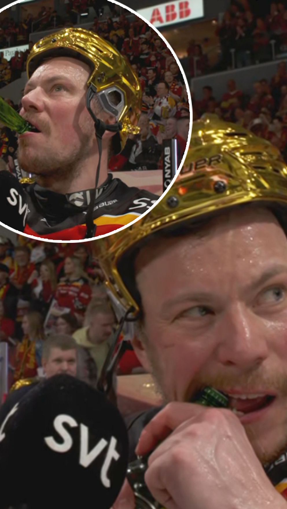 Ishockeyspelare firar med guldhjälmar inför jublande publik i ishall.