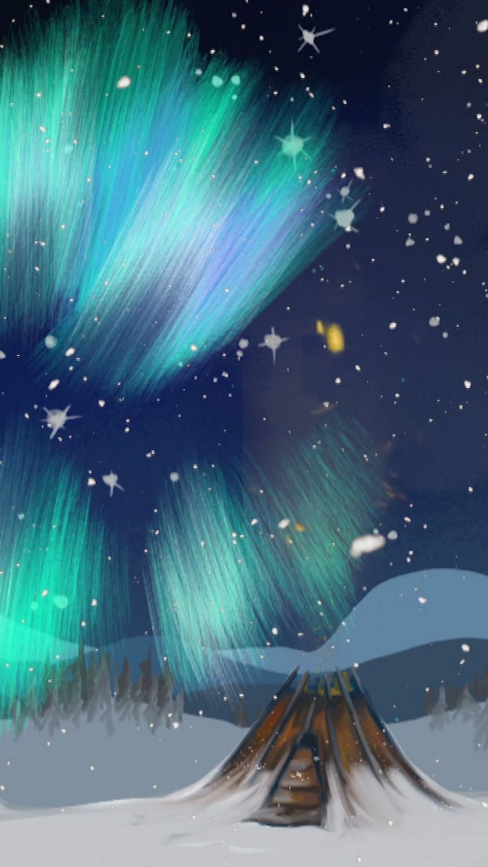 En vintrig landskapsscen under natten, med en traditionell tältkonstruktion i förgrunden. Över himlen svävar färgstarka aurora borealis med gröna och blå nyanser. Snö täcker marken och träd, och lätta snöflingor faller i luften, vilket skapar en magisk och stillsam atmosfär.