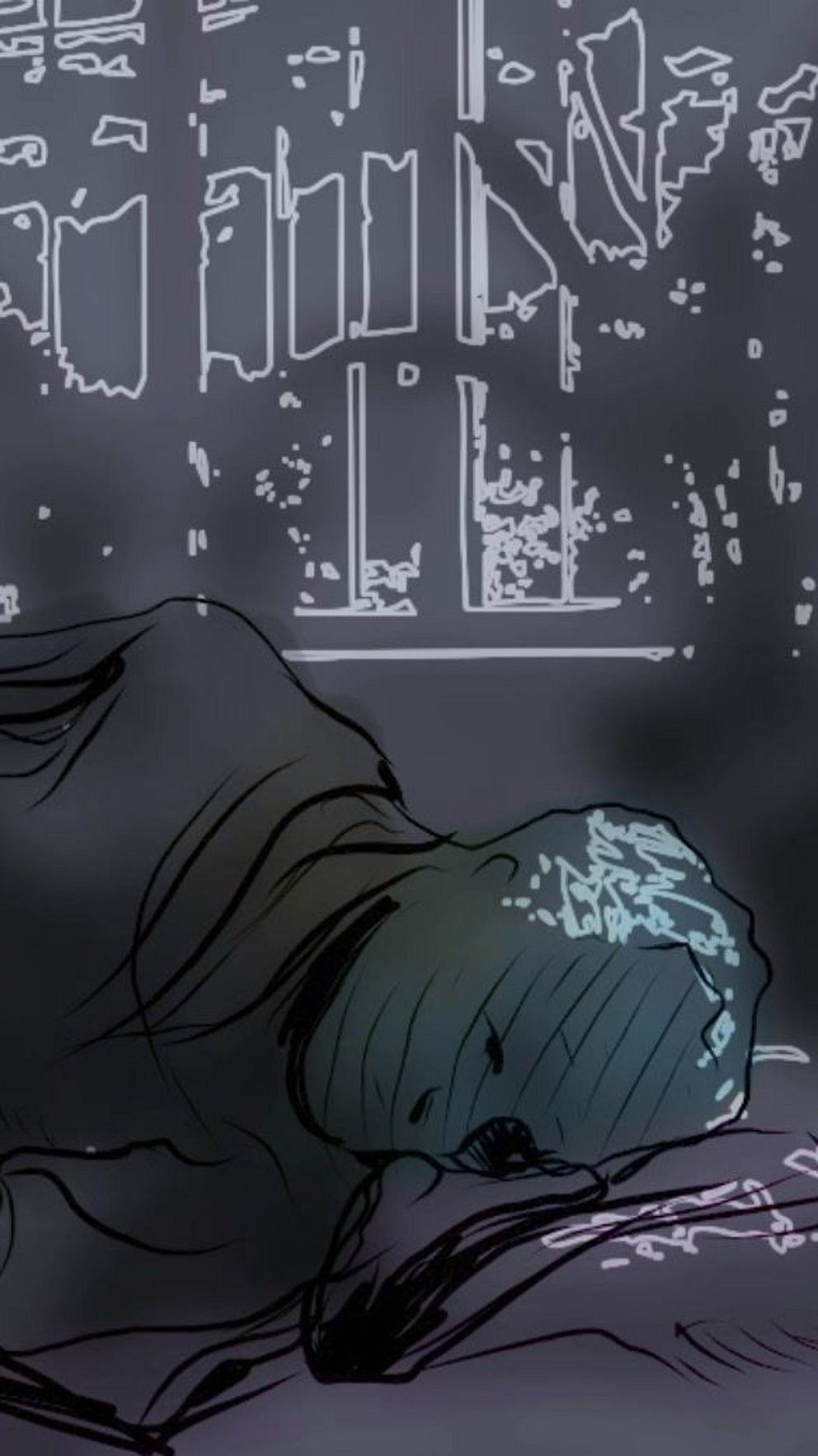 Illustration av en person liggande i ett mörkt rum, med stadsutsikt utanför fönstret.