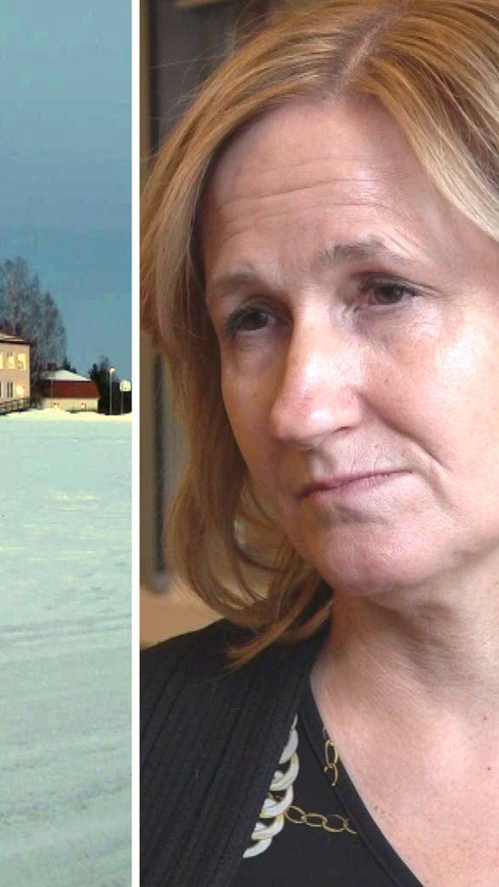 En delad bild med tre sektioner. Den vänstra sidan visar en person med en beiget mössa, den mittersta sektionen visar en snöklädd landskap med en byggnad i bakgrunden, och den högra sidan visar en person med ljusare hår och en blommig tröja.