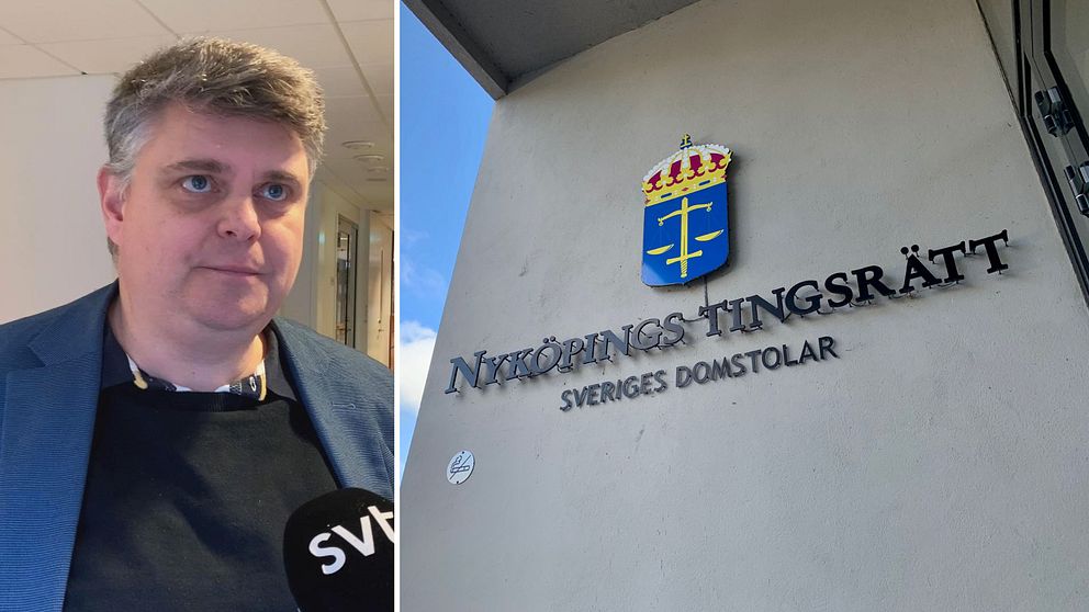 En bild på åklagare Fredrik Beijar och på tingsrätten i Nyköping
