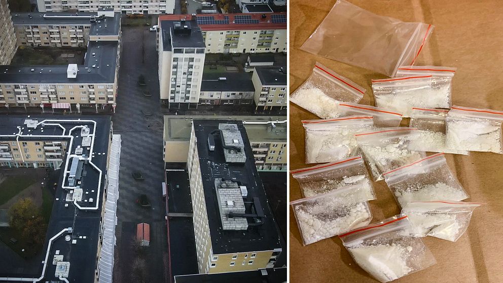 Till vänster en drönarbild på Nyfors i Eskilstuna, till höger påsar med vad polisen misstänker är kokain.