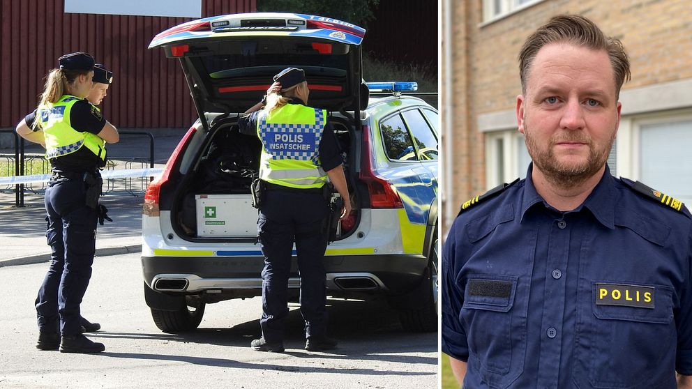 På den vänstra bilden är det poliser som står vid en polisbil med bagageluckan öppen och till höger är en bild på Daniel Eriksson, gruppchef för grova brott i Nyköping.