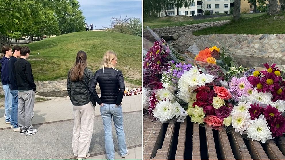 Till vänster människor vid parken. Till höger blommor.