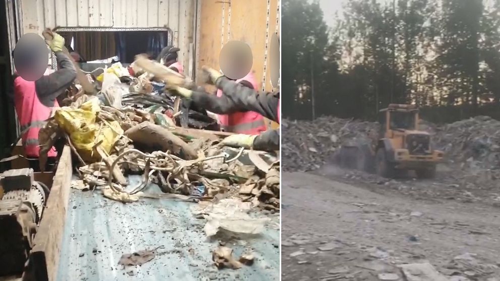 Personal i varselvästar sorterar byggavfall längs ett sorteringsband. Till höger i bild en hjullastare som kör bland avfallet.