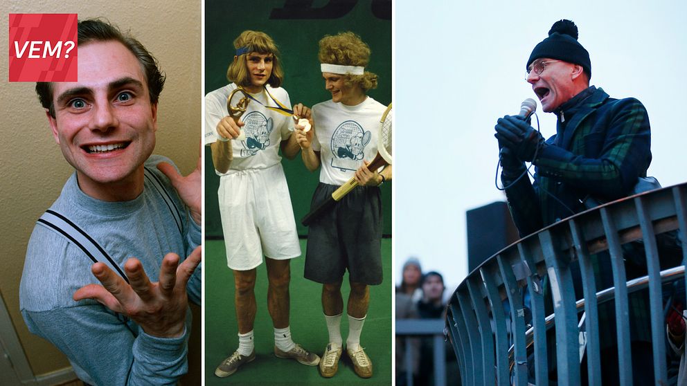 En delad bild med tre sektioner. Den första sektionen visar en person som räcker ut handen med en neutral bakgrund. Den andra sektionen visar två personer klädda i matchande vita t-shirts och shorts som håller medaljer, på en sportarena. Den tredje sektionen visar en person iförd en svart mössa och en rutmönstrad jacka, som talar från en plattform utomhus med en publik i bakgrunden.