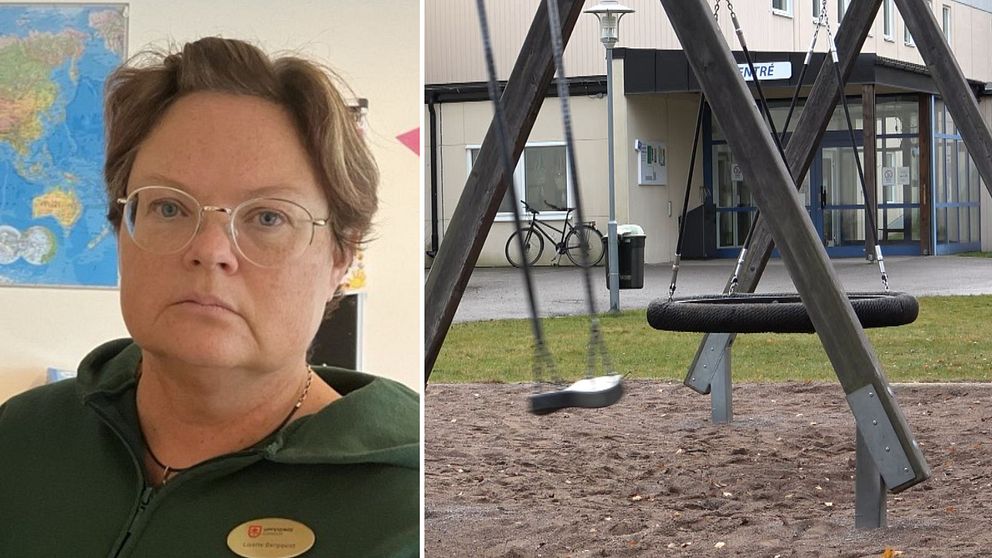 t.h Lisette Begquist, lärare i Alstermo. t.v en hänggunga och flera gungor i en större sandlåda.