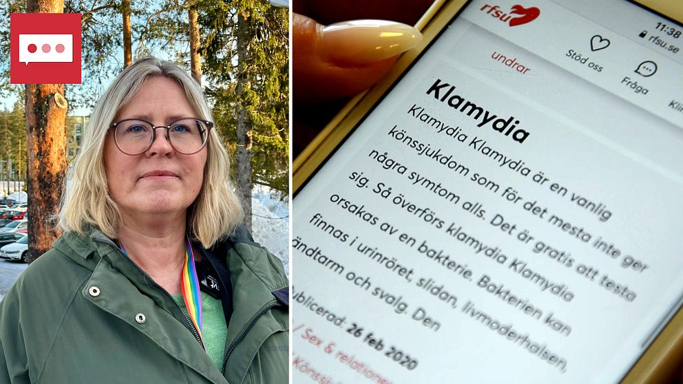 Delad bild: Till vänster syns en person klädd i grön jacka stående utomhus med skog i bakgrunden. Till höger visas en smartphone med en webbsida öppen som handlar om klamydia och dess symtom.