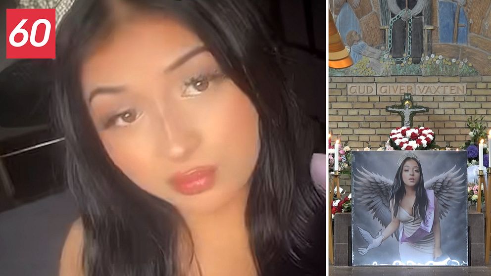 En bild på 14-åriga Emilia som mördades i Landskrona. Den andra bilden visar en bild från hennes begravning.