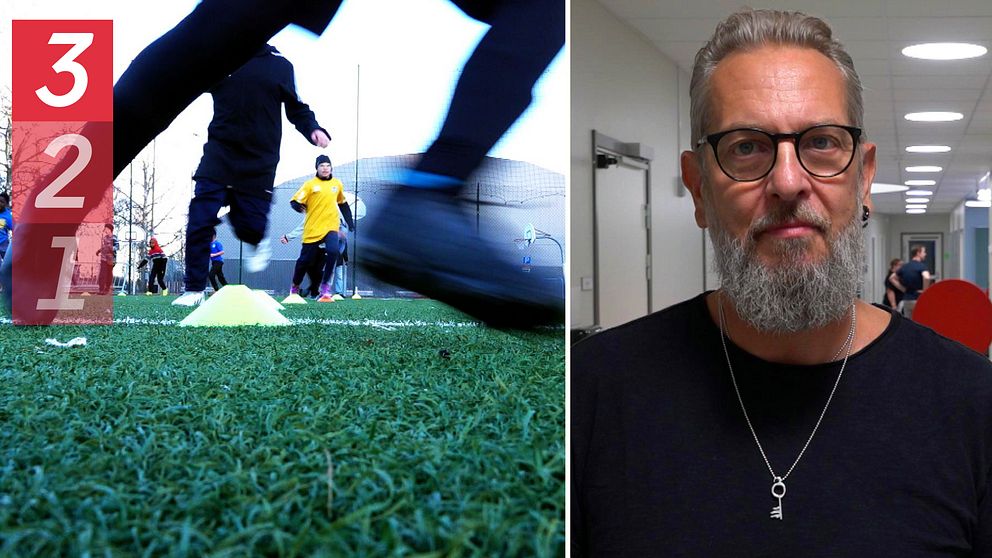 en bild över en fotbollsplan med barn och en porträttbild av Måns Lööf