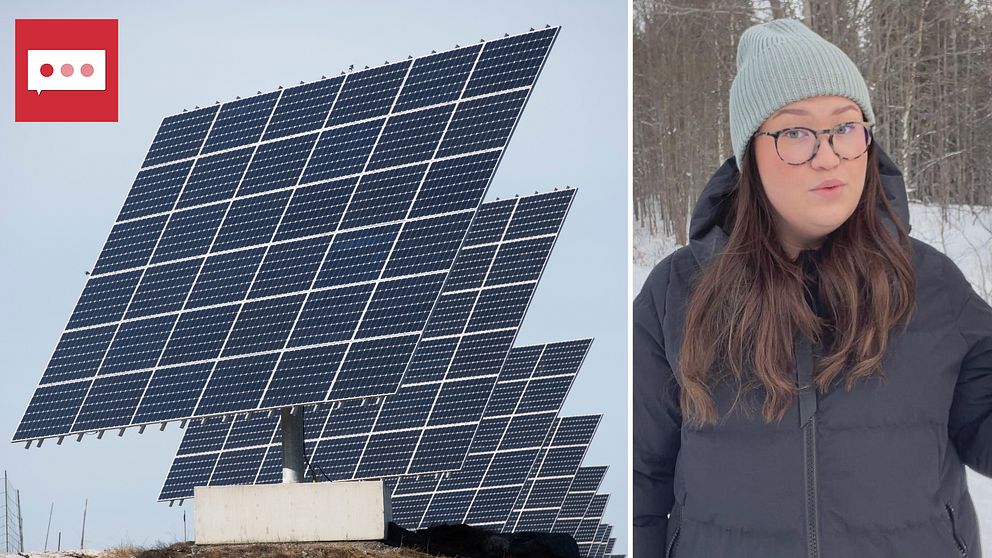 Kollage: Till vänster står flera solcellspaneler uppradade. till höger står SVT:s reporter Moa Lindberg