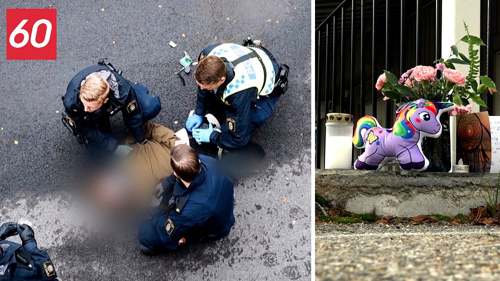 Man grips av poliser, bild på blommor och ljus och enhörning