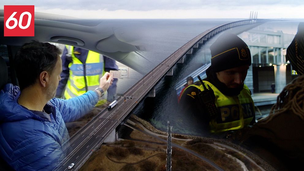 Öresundsbron och bilder på gränskontroller mellan Sverige och Danmark.