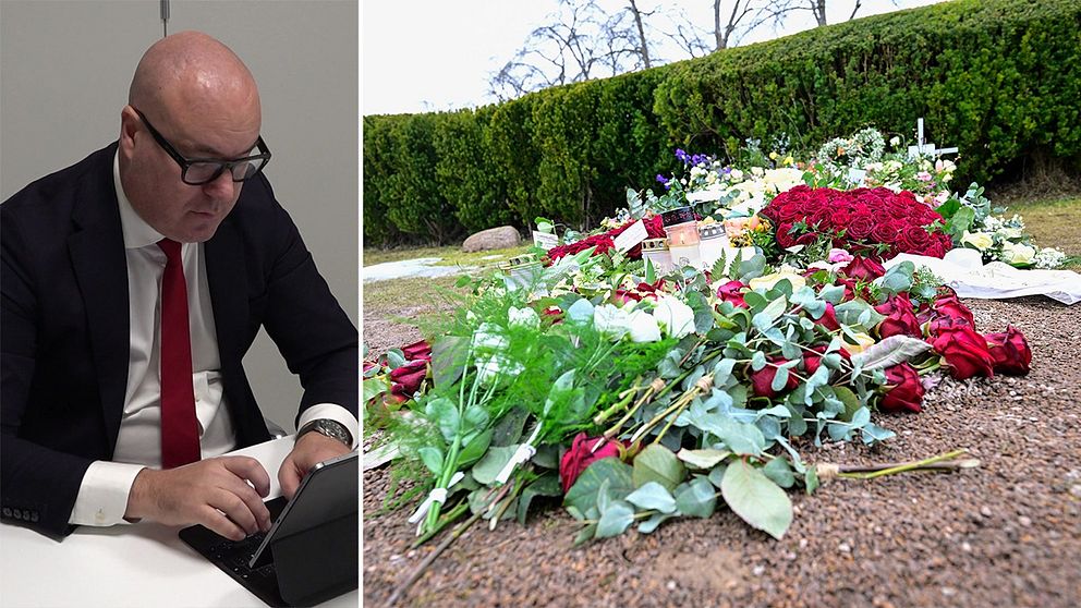 Målsägandebiträdena Andreas Hannah till vänster och en hög med blommor till vänster.