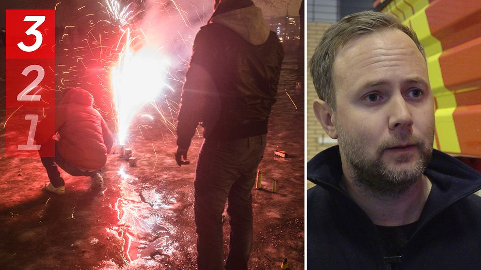 Delad bild. Två personer tänder fyrverkerier till vänster. Brandingenjören Dick Lidholm vid räddningstjänsten i Eskilstuna till höger.