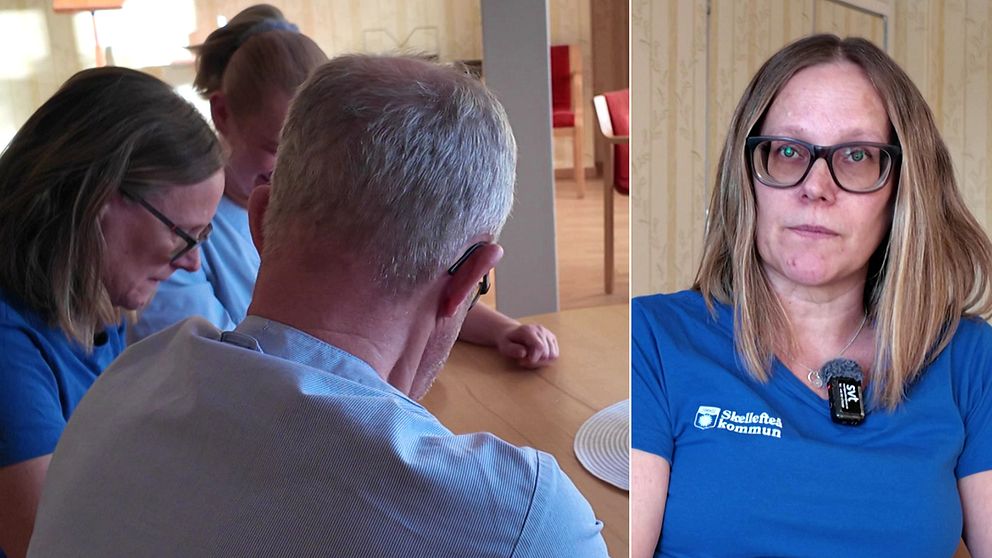 Omsorsgspersonal i en inomhusmiljö som verkar delta i ett samtal eller möte. Till höger syns en person i en blå tröja märkt med Skellefteå kommuns logotyp.