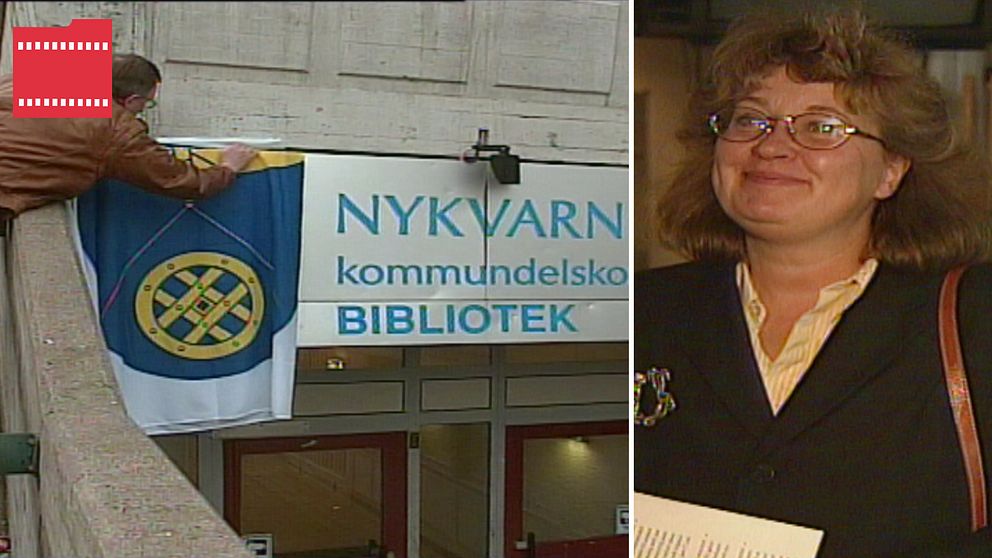 Man hänger upp Nykvarns kommunflagga, och kvinna som precis röstat