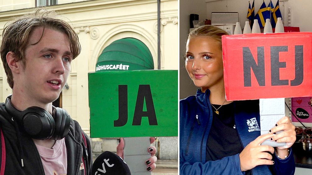 Till vänster en kille med en skylt där det står JA, till höger en tjej med en skylt där det står NEJ