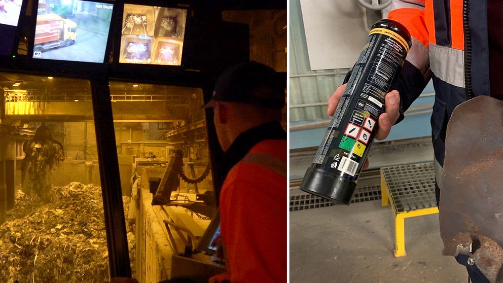 Den vänstra sidan av bilden visar en person inne på Renova i Göteborg som sitter i en maskin, med fokus på kontroller och skärmar som visar avfallshantering. Den högra sidan visar en hand som håller i en gastub för lustgas märkt med varningssymboler för säkerhetsanvändning inom avfallsbehandling.