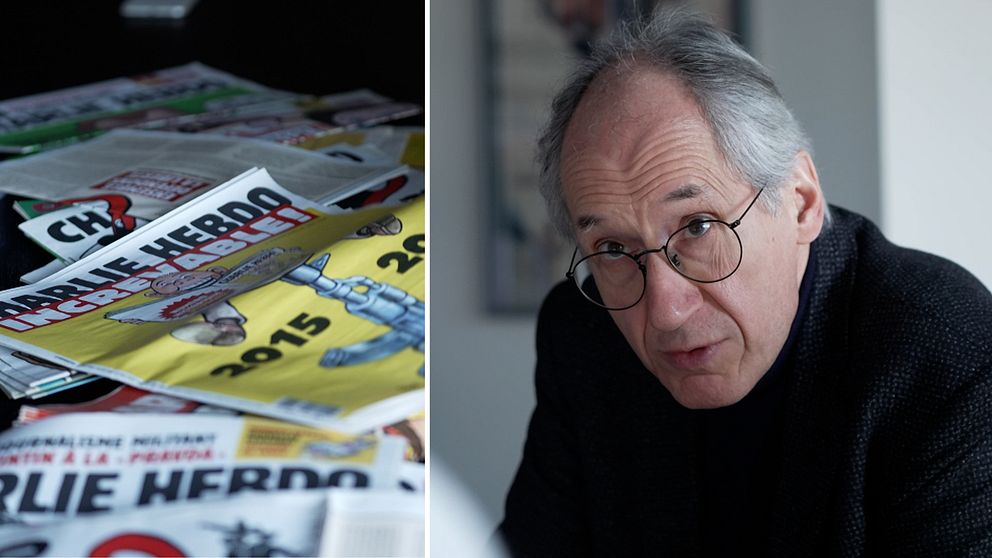 Delad bild. Vänster: Charlie Hebdo-tidningar. Höger: person i mörk tröja vid ett bord.