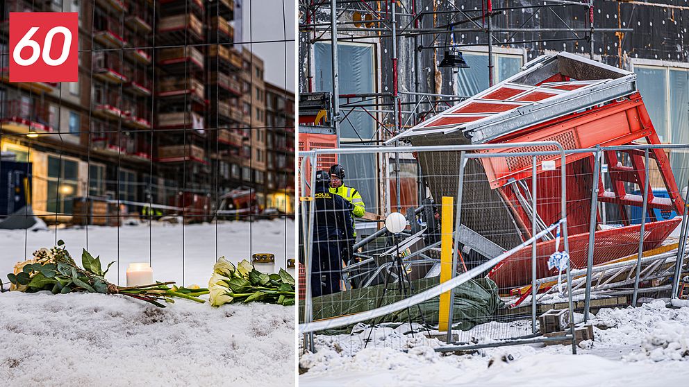 Blommor och ljus framför stängsel till byggarbetsplatsen där hissolyckan inträffade.